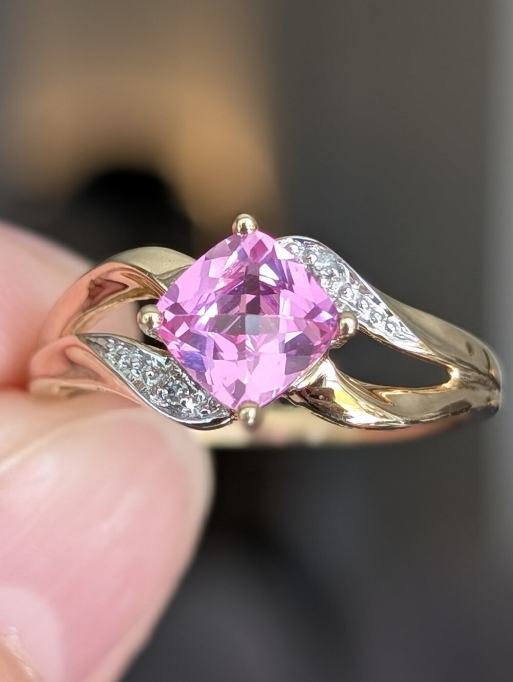 10K Gold Cushion Cut Pink Topaz Ring With Diamond Accents